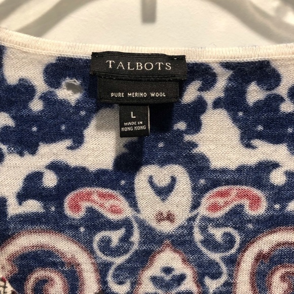 Talbots Large Pure Merino Wool Navy and Red Patterned Crew Neck Sweater - Picture 3 of 4